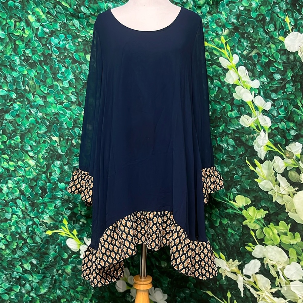 J&M Clothing Navy Blue Patterned Ruffle Detail Sheer Sleeve Tunic / Dress Boho